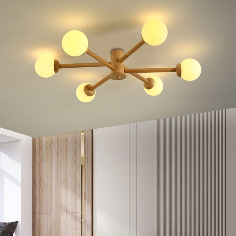 Modern Flush Light Fixtures Wood Sphere Flush Mount Lamp in Brown for Living Room