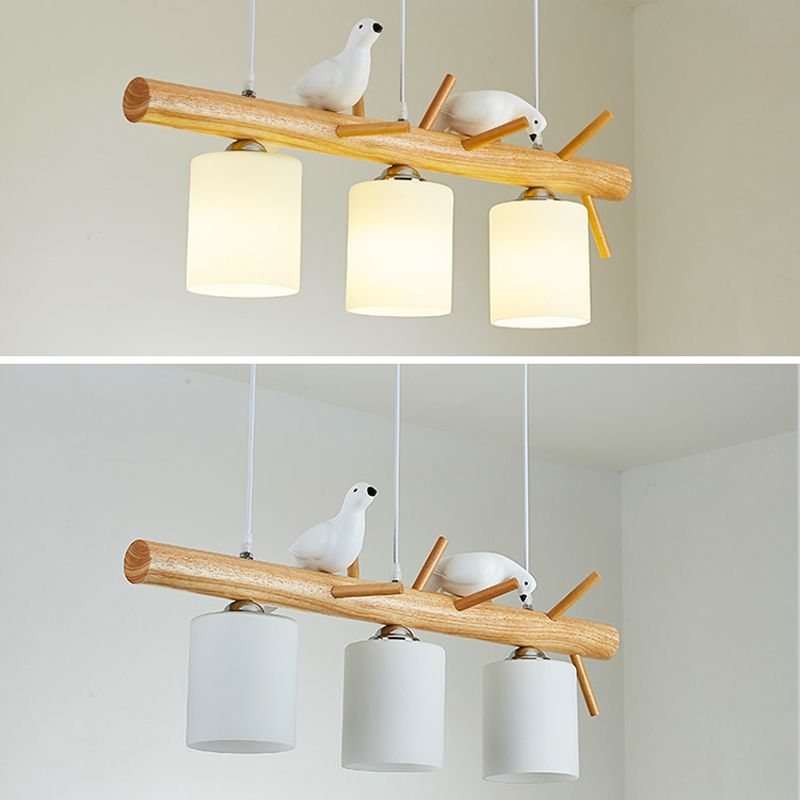 Modern Island Light Wooden Island Hanging Light with Glass Shade for Living Room