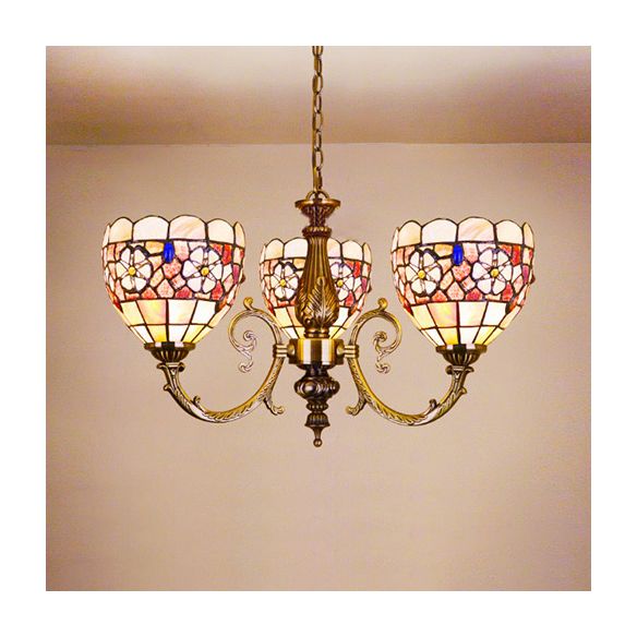 Bowl Chandelier Retro Style Stained Glass 3 Heads Flower Chandelier Light with Chain for Bedroom Lighting