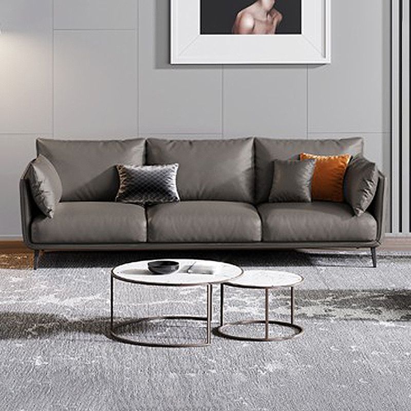 Living Room Genuine Leather Couch Square Arm Sofa with Pillow Back