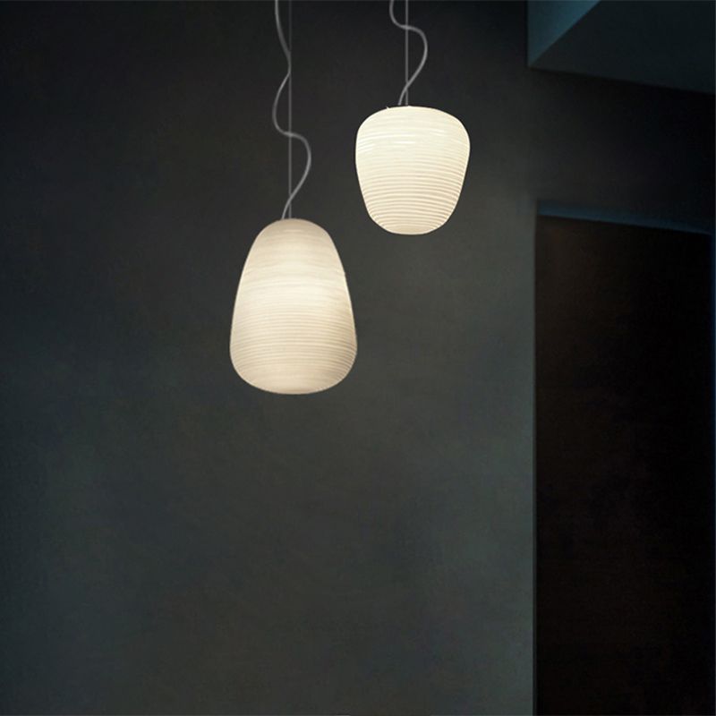 Cocoon Shaped Restaurant Pendant Lighting White Rib Glass 1-Bulb Simple Hanging Light