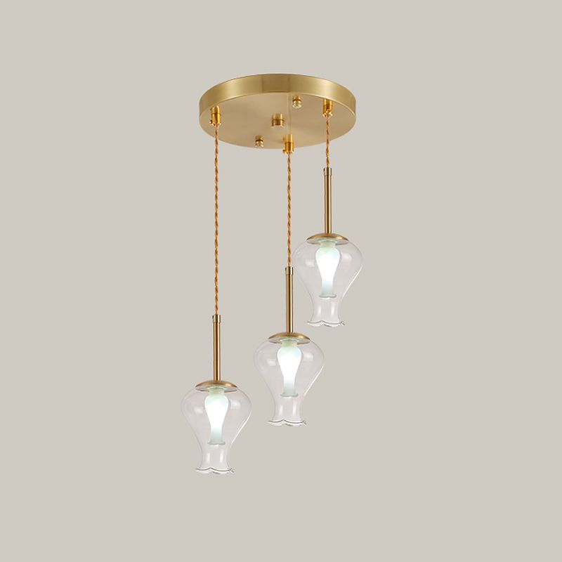 Vase en verre transparent Light modernisme 3 lumières Pendant multicolores en laiton sur salle à manger