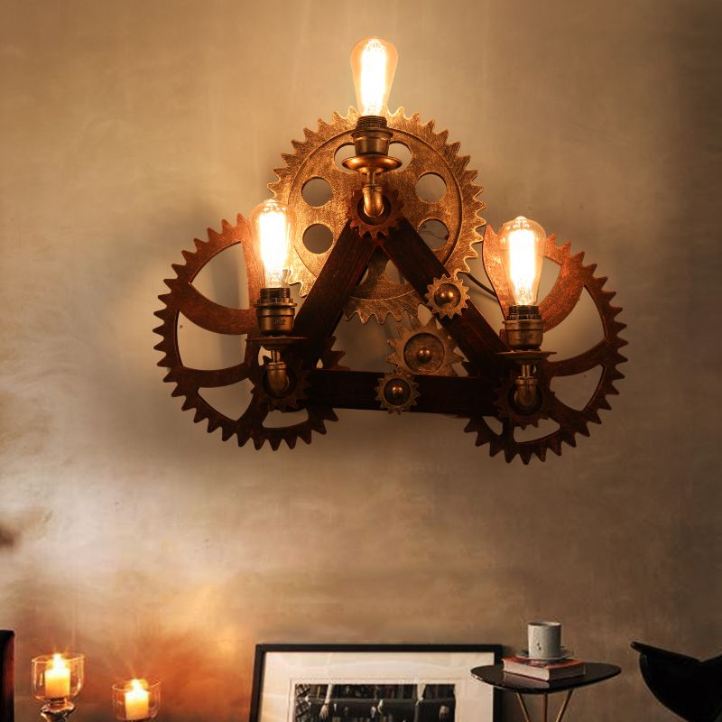 3 Bulbs Gear Wall Sconce Lighting Factory Rust Metal Wall Light Fixture for Coffee Shop