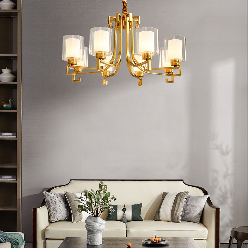 2-Layered Glass Chandelier Antique Style Restaurant Suspension Pendant Light in Brass