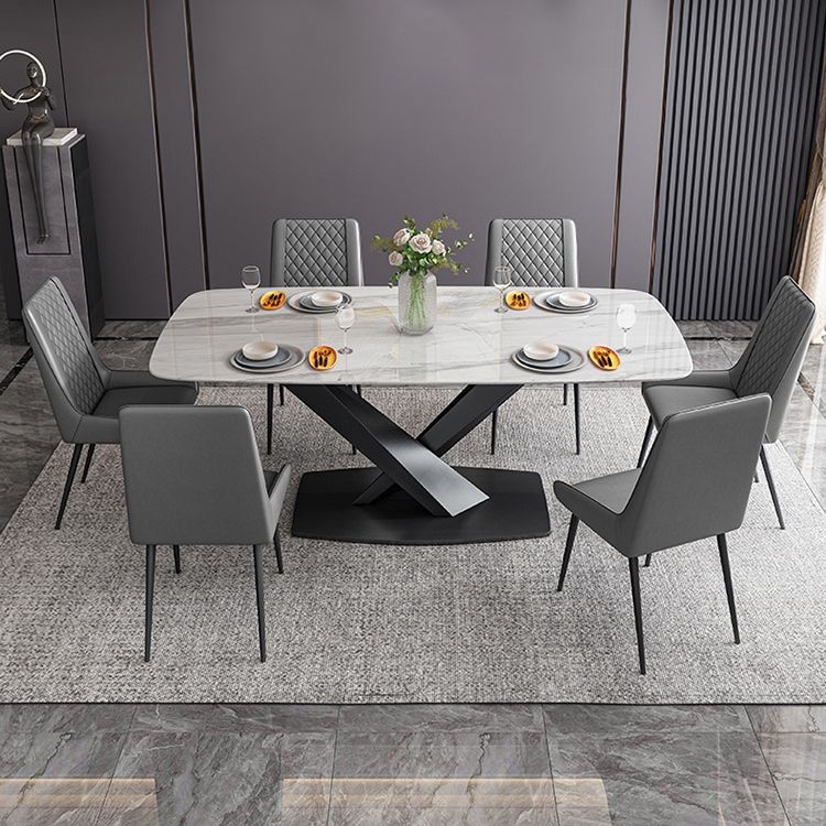 Traditional Luxury Rectangle Dining Table White Sintered Stone Table with Black Pedestal Base