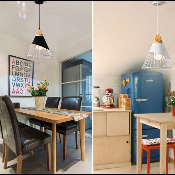 Metal Tapered Hanging Light Nordic Modern 1 Light  Restaurant Ceiling Pendant Lamp with Wooden Top