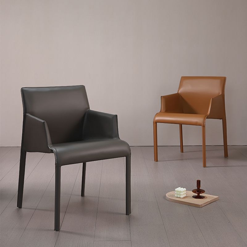 Matte Finish Dining Arm Chair with Leather Legs Metal Modern Dining Side Chair