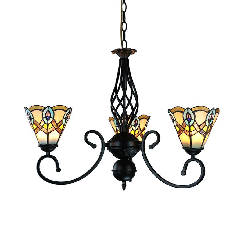 Schwarzes Finish Peacock Kronleuchter hellfleckiges Glas 3 Lichter rustikale Anhängerlampe für Esstisch