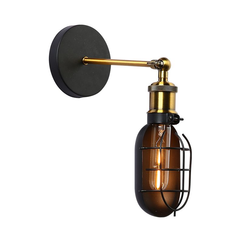 Capsule Cage Restaurant Wall Light Sconce Factory Metal 1 Head Black and Brass Wall Lamp