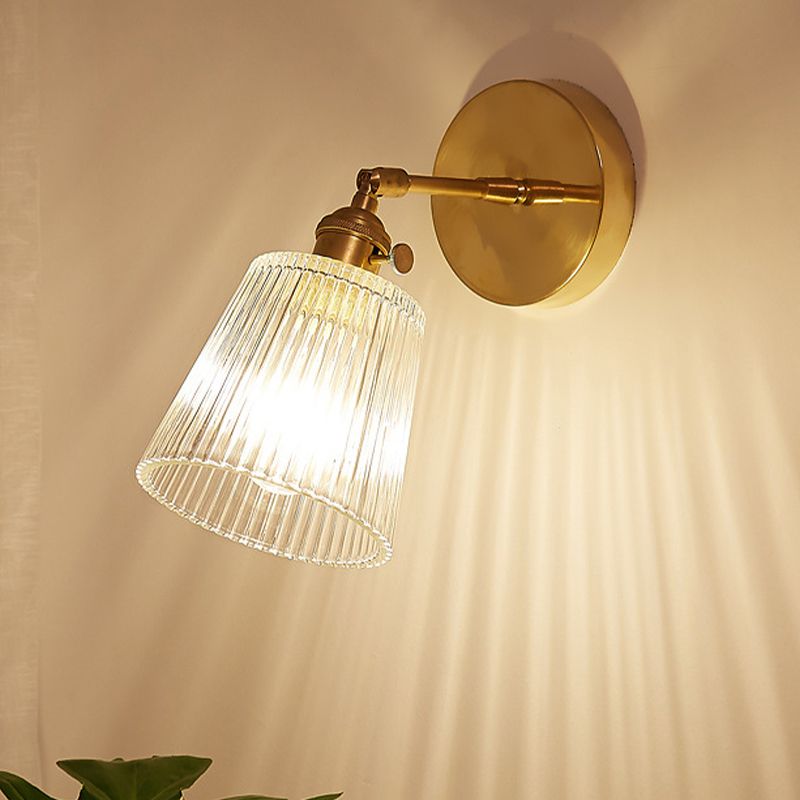 1 Light Clear Ribbed Glass Wall Sconce Light Industrial Brass Cone Living Room Lighting Fixture