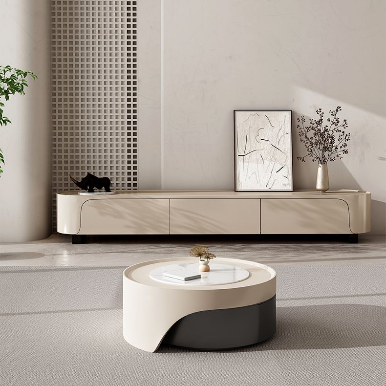 Modern 2 Nesting Coffee Table Set Round Slate Cocktail Table with 2 Drawers