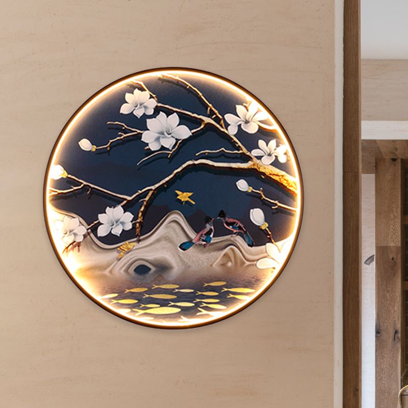 Asian Flower/Bird Fabric Mural Lighting LED Wall Light Fixture in Black for Living Room