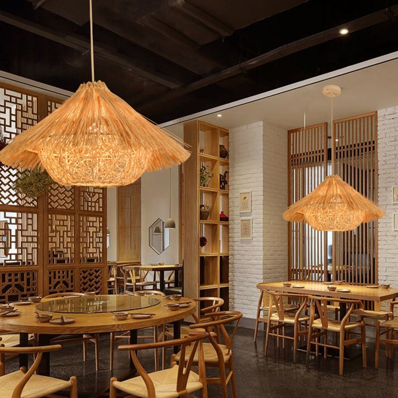 Asian Pendant Lighting Fixture 1-Light Beige Hanging Lamp Kit with Rattan Shade