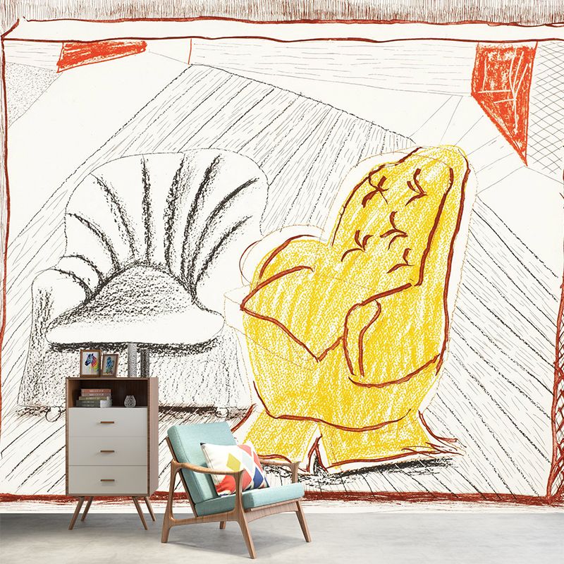 Large Two Sofa Chairs Mural Wallpaper Modern Art Sketch Wall Decor in Yellow-Grey