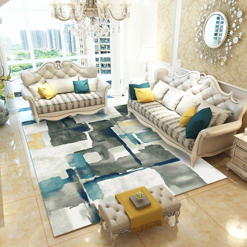 Green and Grey Novelty Rug Polyester Watercolor Pattern Rug Washable Non-Slip Backing Carpet for Living Room