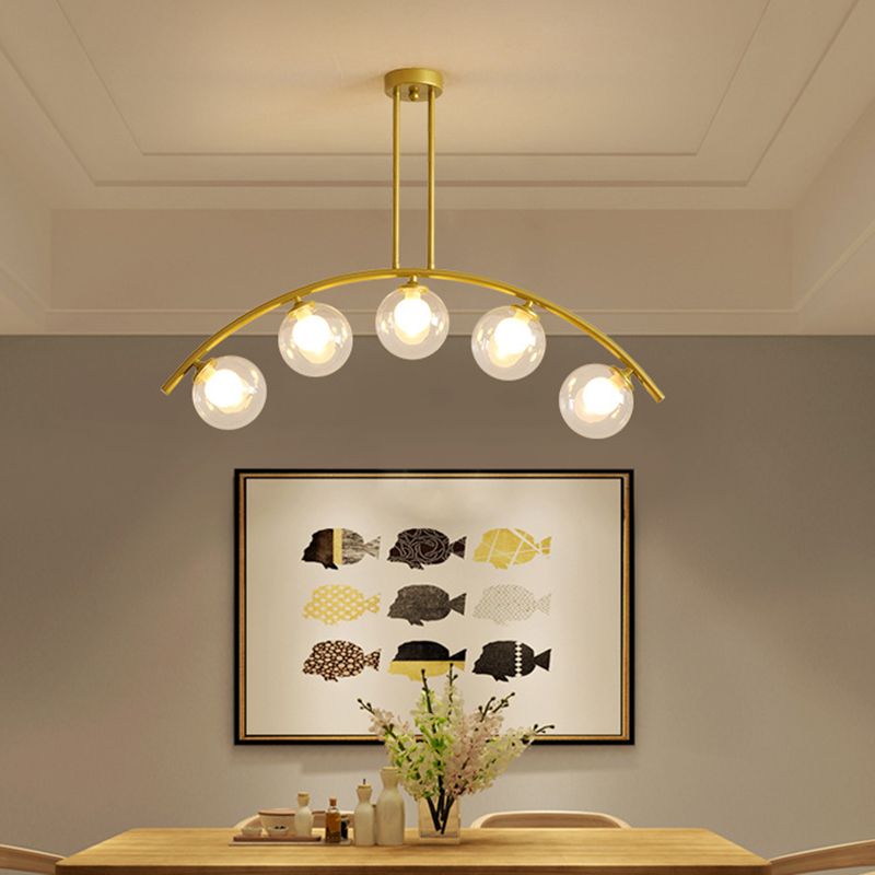 Mid-Century Modern Gold Metal Island Pendant Lighting Spherical Glass Island Ceiling Light for Dining Table