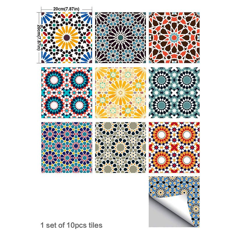 Adhesive Mandala Tiles Wallpaper Panel Set Bohemian PVC Wall Covering in Multi-Color for Bathroom