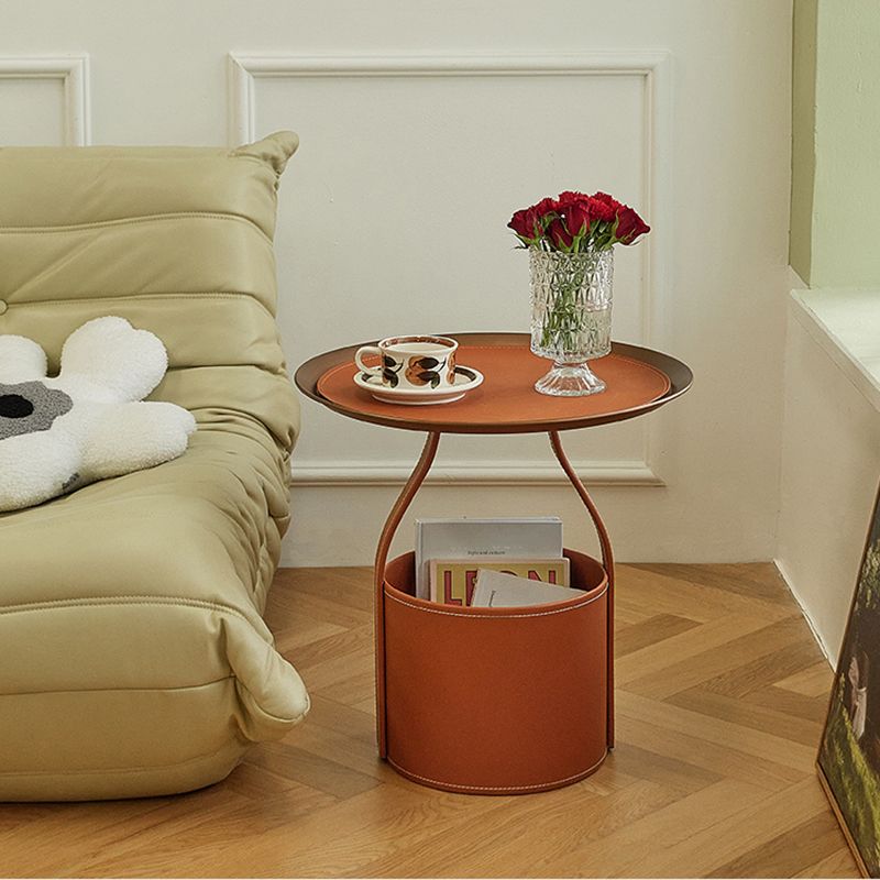 Contemporary Round Side End Table Leather Pedestal End Table