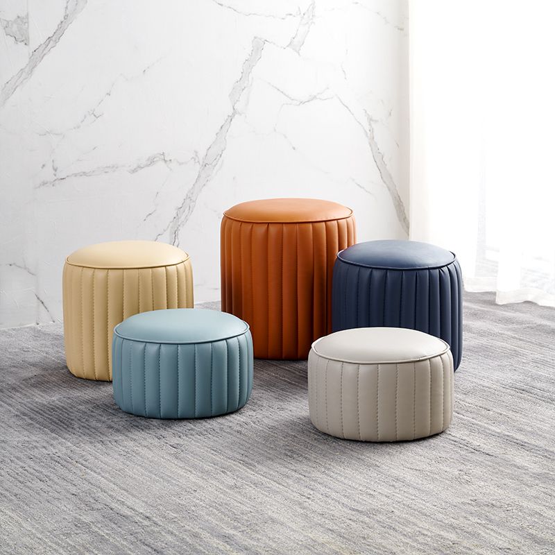 Modern Pouf Ottoman Genuine Leather Upholstered Cylinder Shape Ottoman