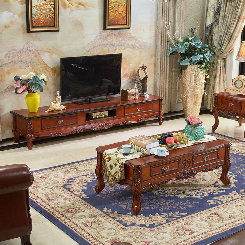 Brown Traditional Style TV Stand Oak Wood TV Cabinet with 2 Drawers