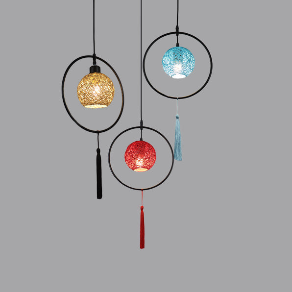 Asian Style Ball Pendant Lamp Woven Rattan 1 Bulb Hanging Light in Beige/Blue/Red with Tassels