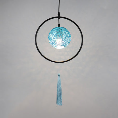 Asian Style Ball Pendant Lamp Woven Rattan 1 Bulb Hanging Light in Beige/Blue/Red with Tassels