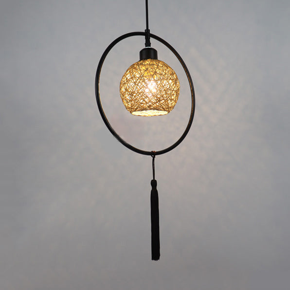 Asian Style Ball Pendant Lamp Woven Rattan 1 Bulb Hanging Light in Beige/Blue/Red with Tassels