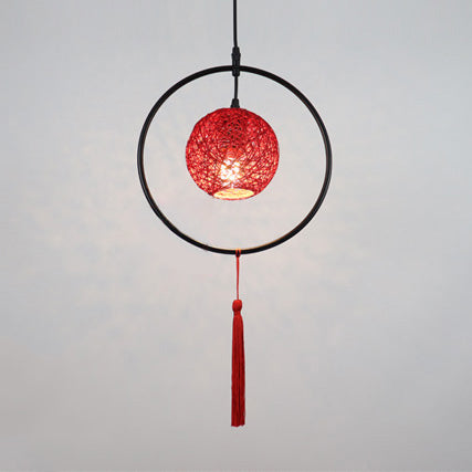 Asian Style Ball Pendant Lamp Woven Rattan 1 Bulb Hanging Light in Beige/Blue/Red with Tassels