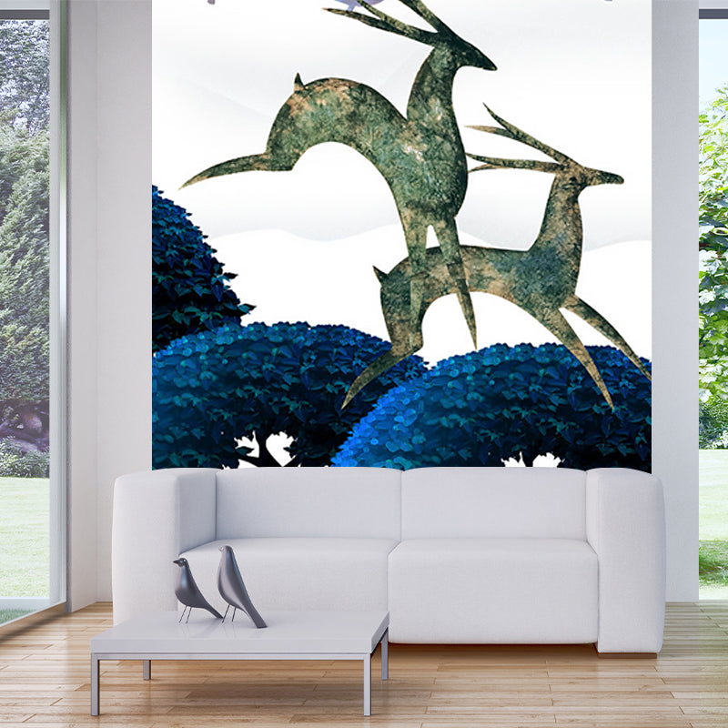 Scandinavian Deers Mural Wallpaper for Bedroom Customized Wall Covering in Blue-Green