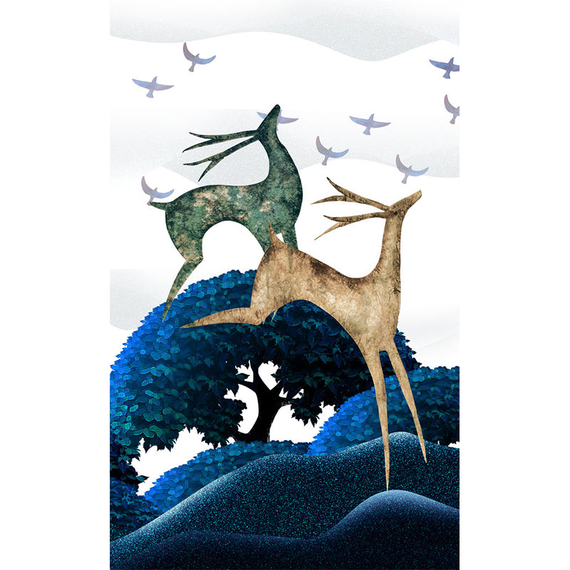Scandinavian Deers Mural Wallpaper for Bedroom Customized Wall Covering in Blue-Green
