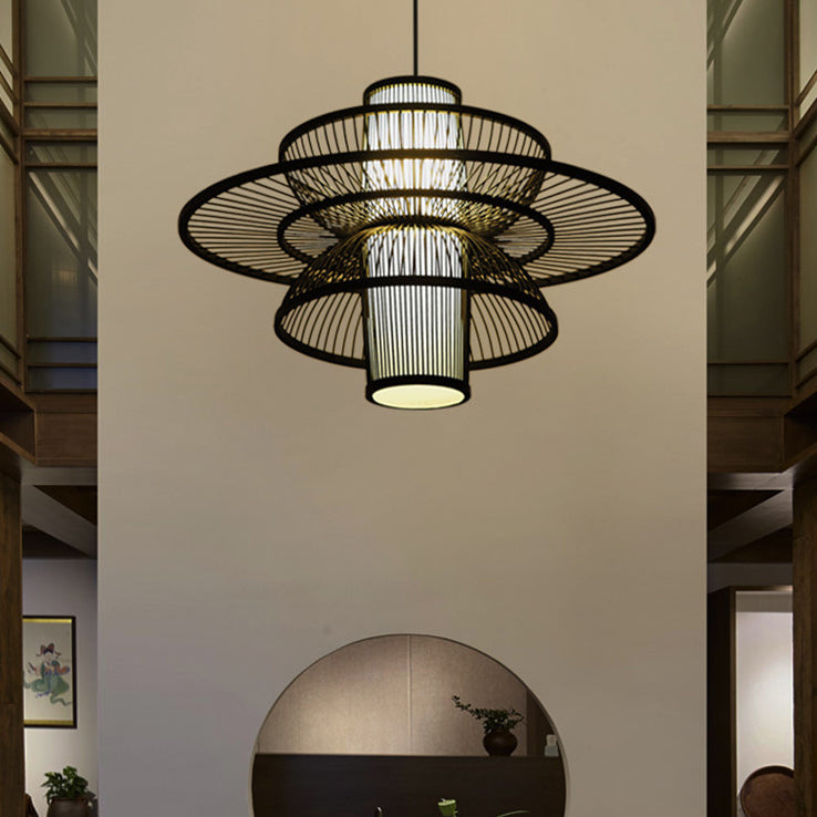 Lotus-Shaped Pendant Lamp Asian Style Bamboo 16"/19.5" W 1 Light Black/Beige Hanging Lighting for Restaurant