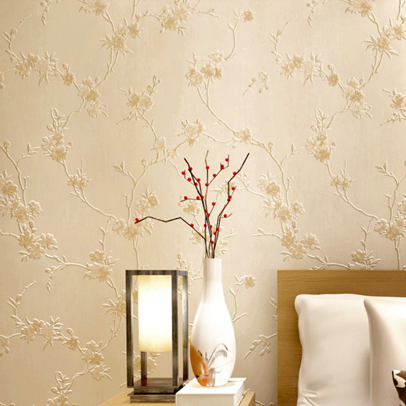 Rust Pastel Color Vinyl Wallpaper Embroidery Plum Blossom Unpasted Wall Decor for Accent Wall