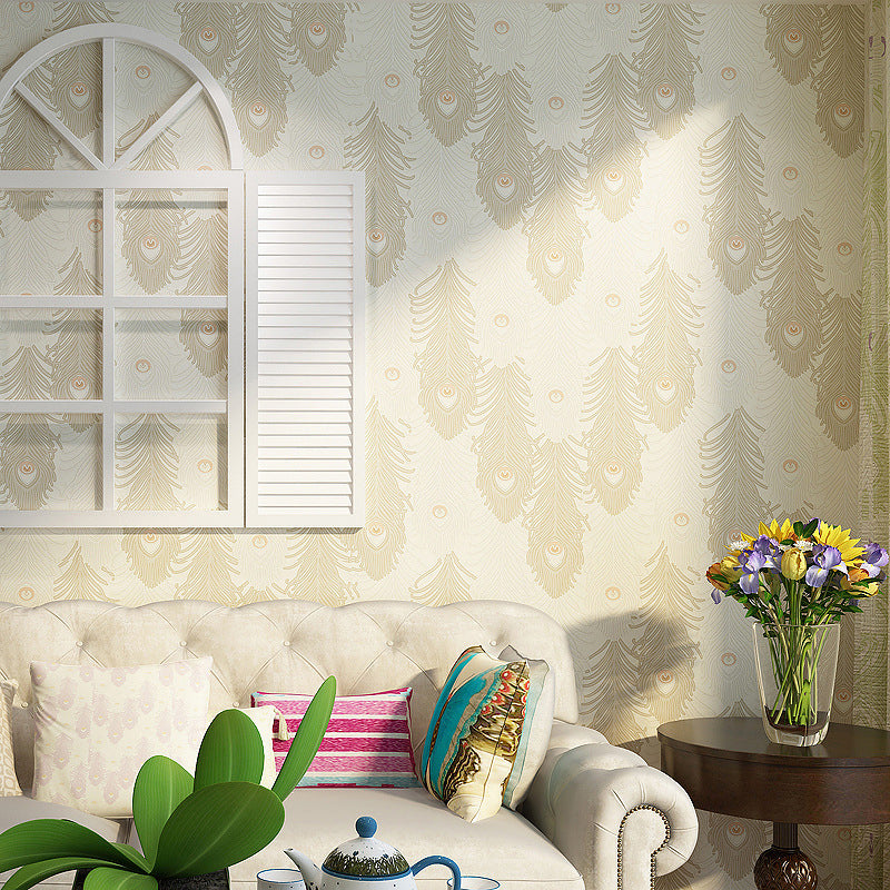 Non-Pasted Vinyl Wallpaper Peacock Feather Living Room Wall Decoration in Light Color