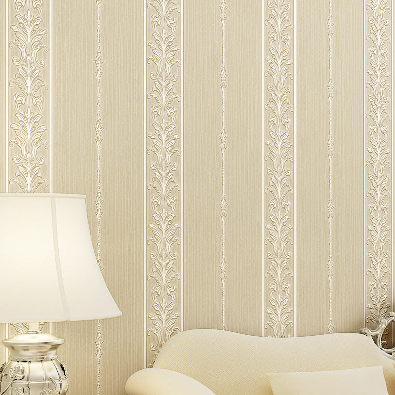 Retro Light-Yellow Vinyl Wallpaper 3D Embossed Damask Moisture Resistant Wall Art