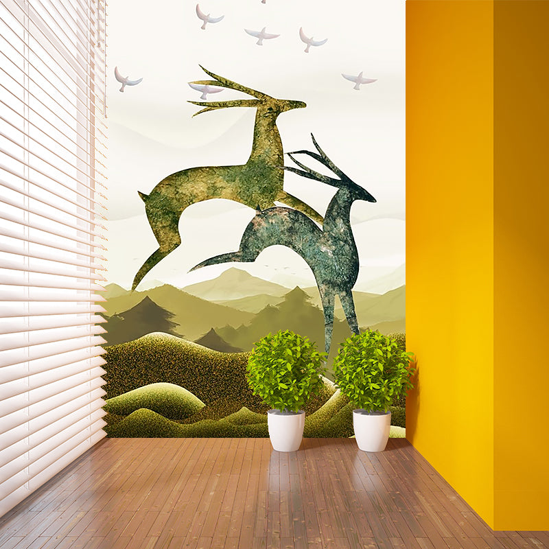 Blue-Brown Deer Mural Decal Animal Nordic Style Stain Resistant Wall Art for Bedroom