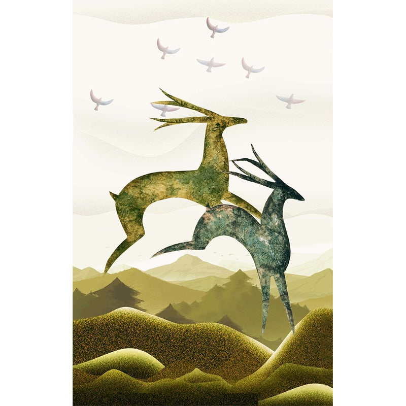 Blue-Brown Deer Mural Decal Animal Nordic Style Stain Resistant Wall Art for Bedroom