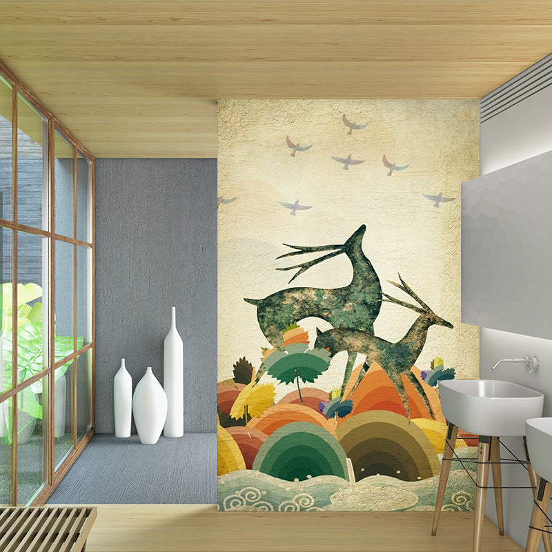 Wild Land Deers Wallpaper Murals Beige Scandinavian Wall Decoration for Living Room
