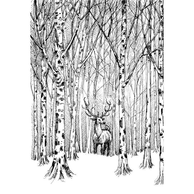 Black-White Modern Art Mural Full Size Deer in Bare Trees Patterned Wall Decor for Home