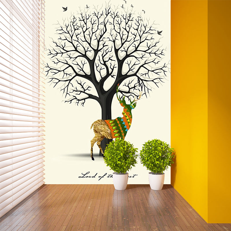 Deer and Leafless Tree Mural Nordic Moisture Resistant Bedroom Wall Covering, Custom Made