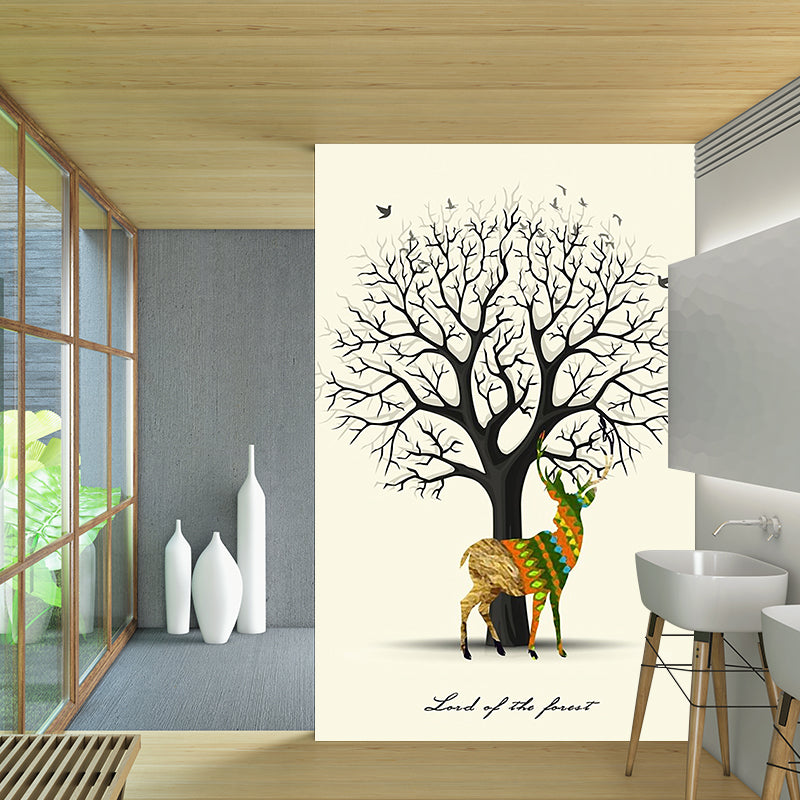 Deer and Leafless Tree Mural Nordic Moisture Resistant Bedroom Wall Covering, Custom Made