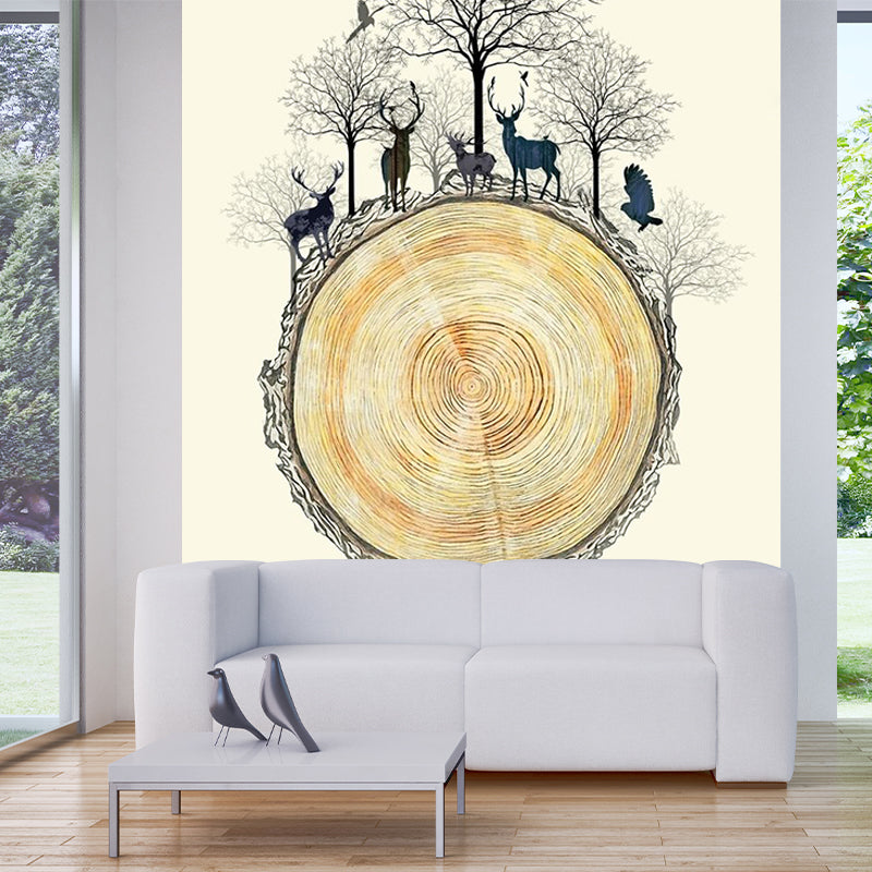 Decorative Deers Wall Mural Decal Beige Wood Trunk Wall Art for Living Room, Optional Size