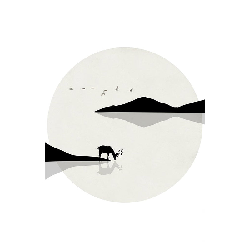 Minimalist Lakeside Deer Drinking Murals Black-White Stain Resistant Wall Covering for Home