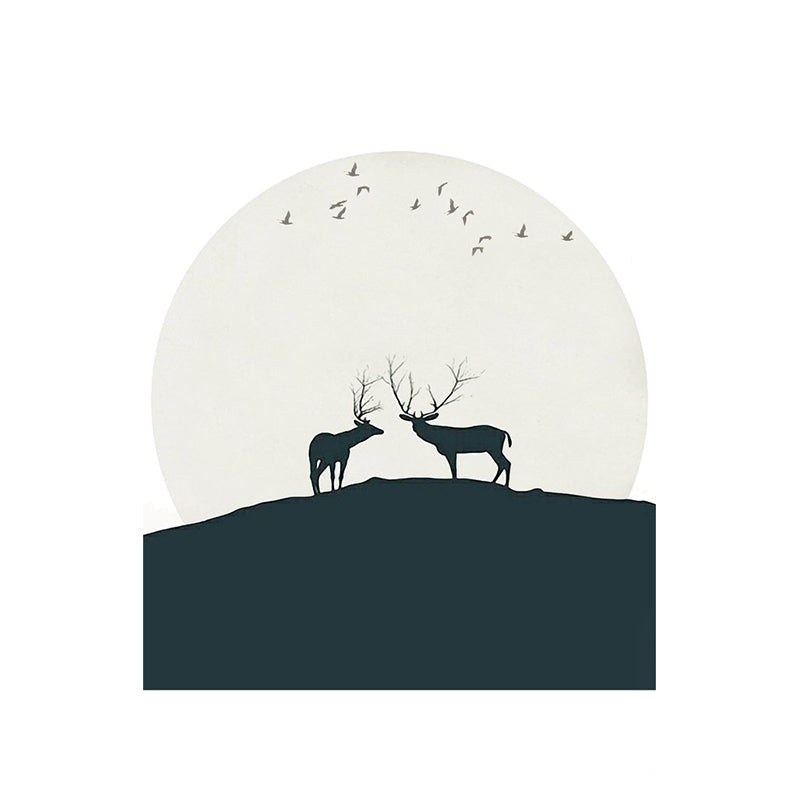 Deers Under Huge Moon Mural Decal Black and White Minimalistic Wall Art for Bedroom