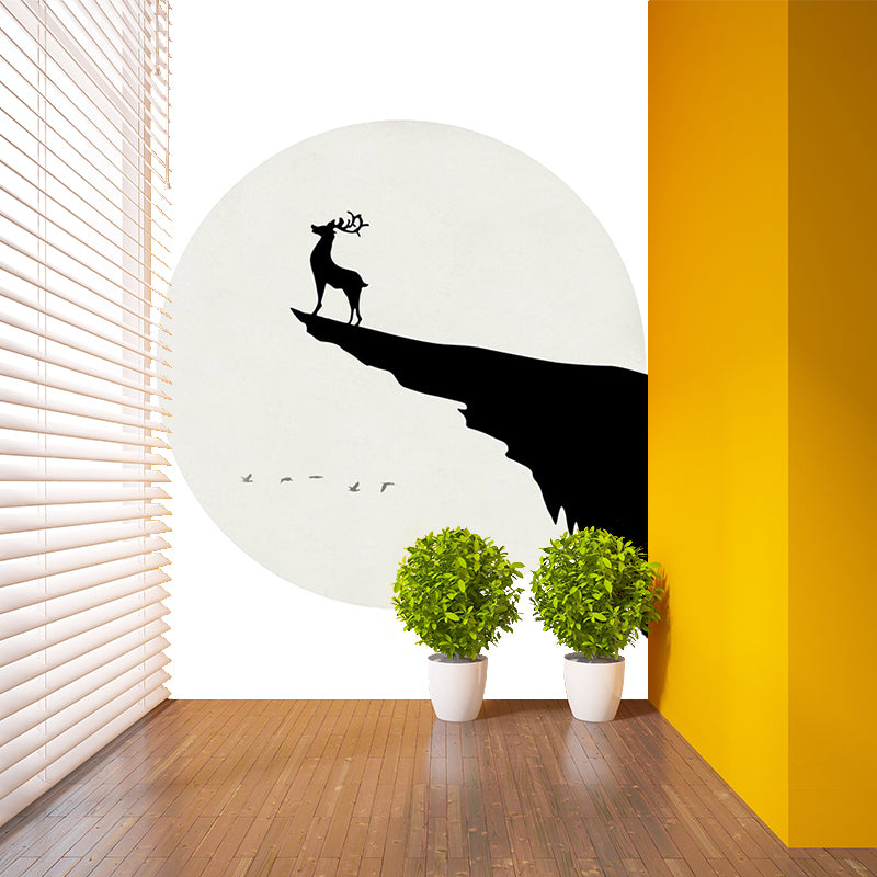 Custom Illustration Simple Wall Murals with Deer on Cliff at Full Moon Night Pattern in Black-White