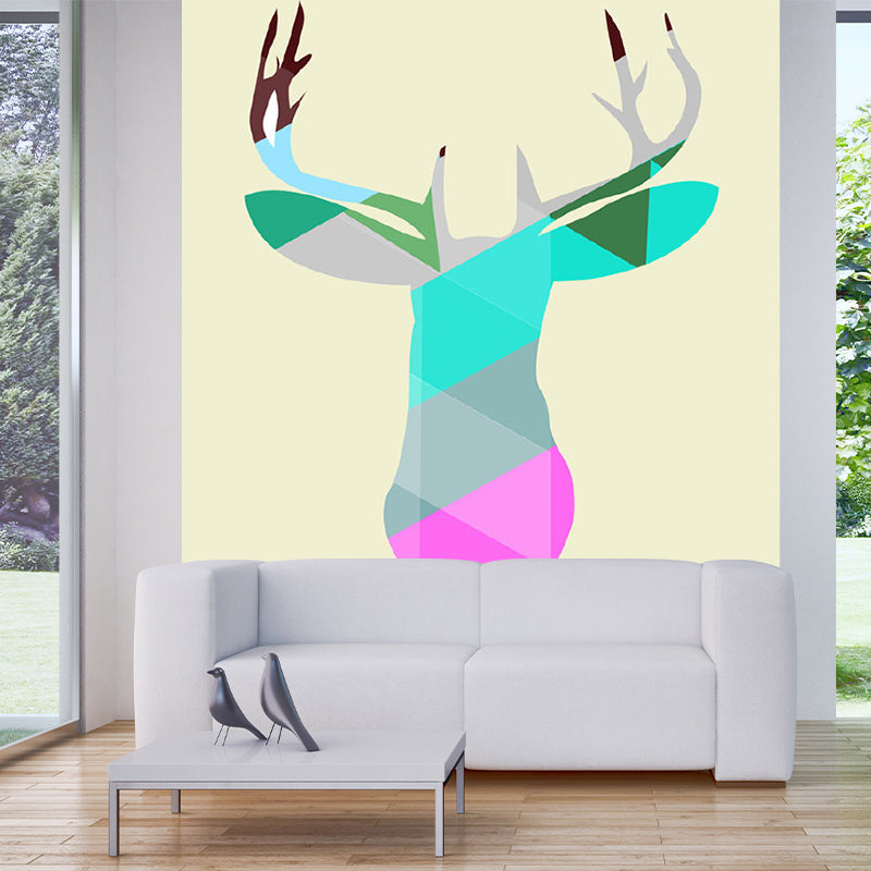 Multicolored Deer Head Wall Mural Animal Artistic Stain Resistant Wall Decor for Home