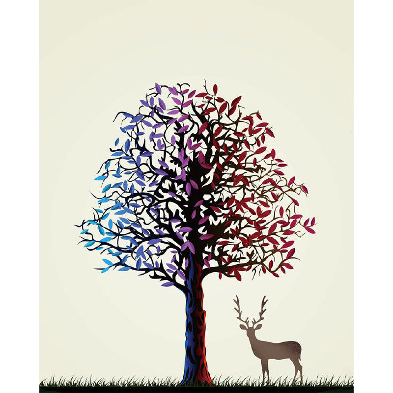 Large Art Deco Wallpaper Murals Blue and Purple Deer Under Tree Pattern Wall Covering, Custom Made