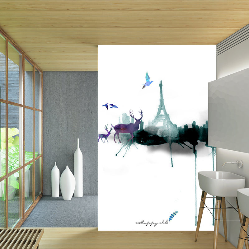 Artistic Watercolor Deer Mural Grey and Green Landscape Painting Wall Covering for Accent Wall