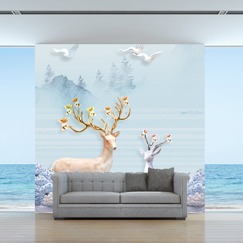Whole Scenery Wall Paper Murals Nordic Gulls and Deers by the Riverside Wall Art in Blue