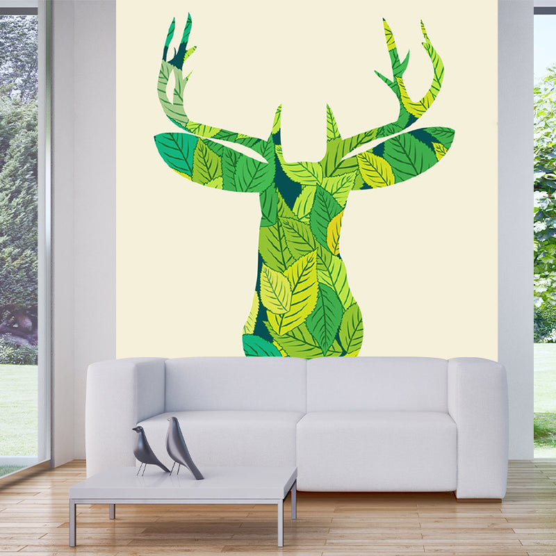 Green Deer-Shaped Leaf Mural Decal Water Resistant Wall Covering for Living Room