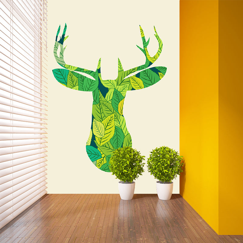 Green Deer-Shaped Leaf Mural Decal Water Resistant Wall Covering for Living Room